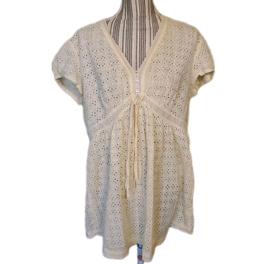 Johnny Was Cream Cotton Eyelet Lace Empire Waist Tunic Top Cap Sleeve Large